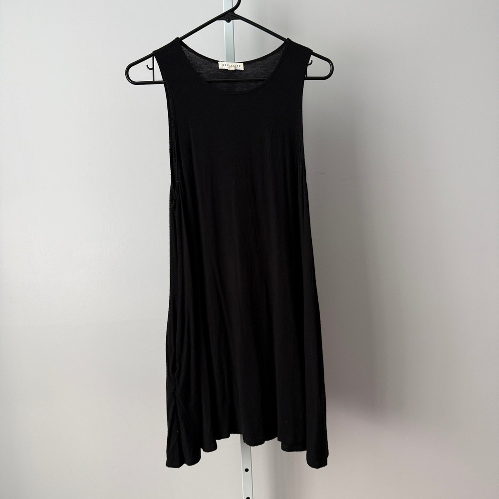 Socialite L Black Tank Top Dress Pockets Mini Casual Lagenlook Minimalist